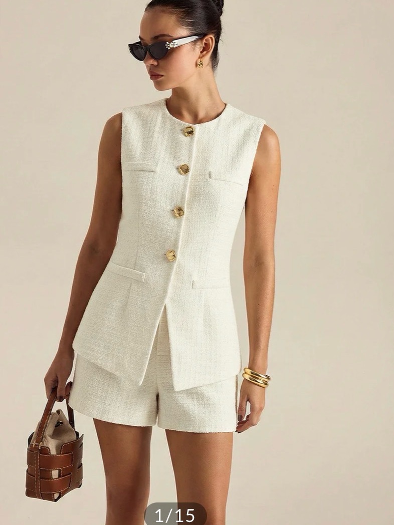 Nwt Commense Sleeveless Ivory Tweed Button Front Vest